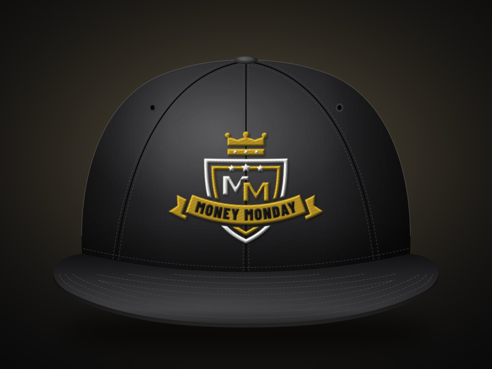 Black MONEY MONDAY crest cap with gold and white embroidery